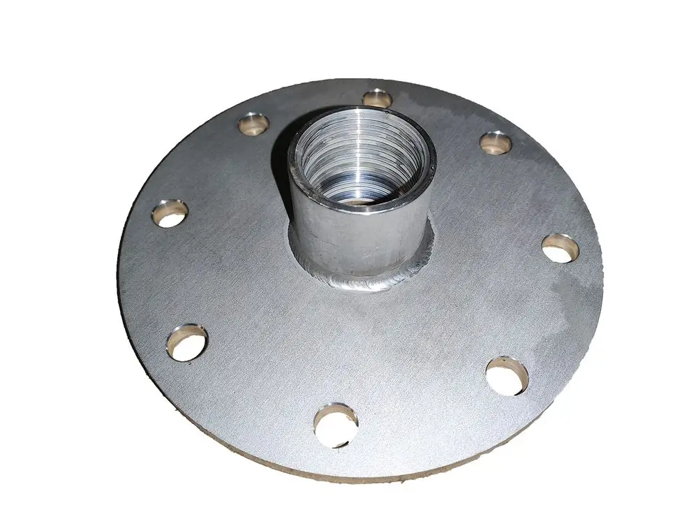 Flanschplatte aus Metall mit zentraler Muffe und mehreren Befestigungslöchern. Die Produktmarke ist Juratherm.